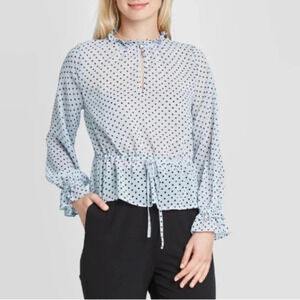 Light Blue Polka Dot Ruffle Trim Blouse Cottagecore with Tie Waist XL LIKE NEW